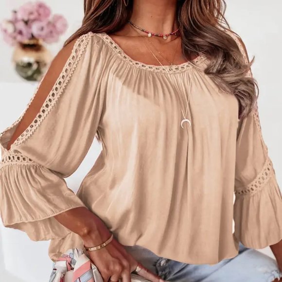 Lace Crochet Cut-Out Bracelet Sleeve Ruffle Blouse - Picture 1 of 5
